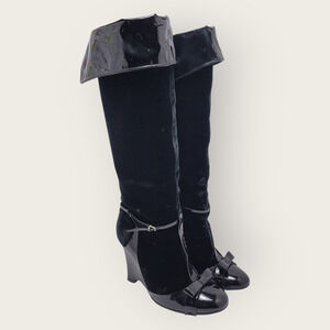 Laurence Dacade Velvet Patent Leather Bow Knee High Wedge Heels Boot Size 38